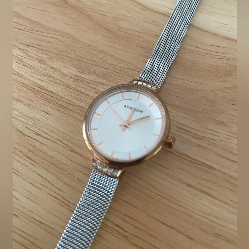Armitron Ladies Rose Gold Case Watch Silver Mesh Strap Stone Accents Adjustable - Picture 5 of 15